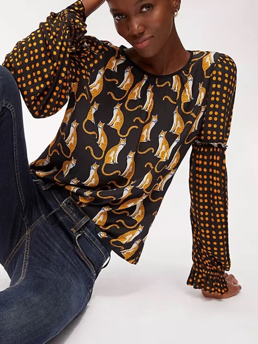 BL-NK Anthropologie Black Leopard Cat Print Long Sleeve Brienz Blouse Medium